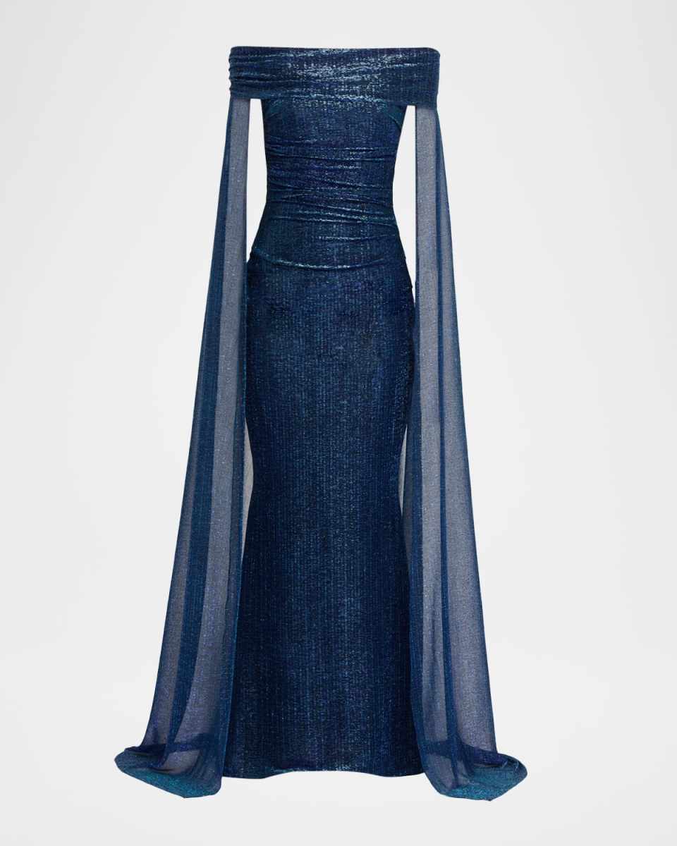 Metallic Off-The-Shoulder Cape Gown